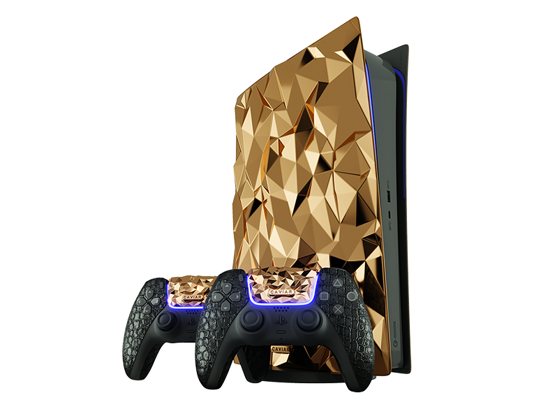 Gold PS5 and DualSense controller with gold inserts, covered with crocodile leather