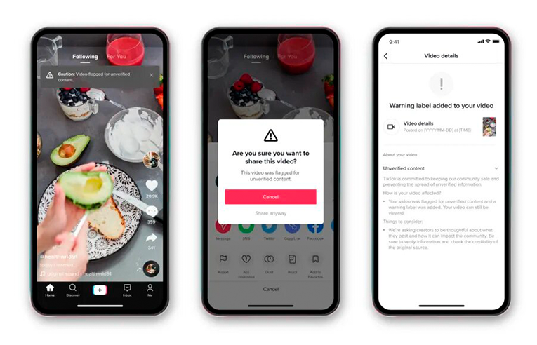TikTok warning labels about unverified content