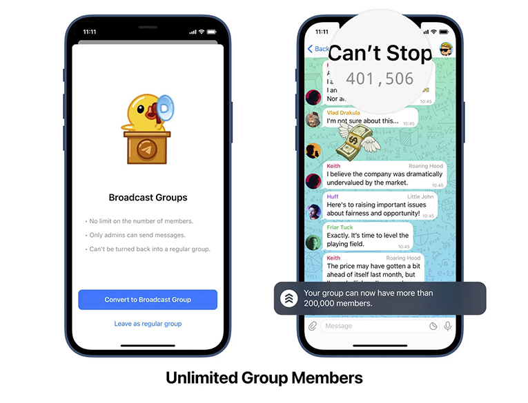 Unlimited number of users in Telegram Broadcast Groups