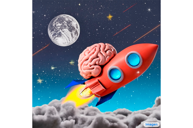 A brain riding a rocketship heading towards the moon | Image: Google 