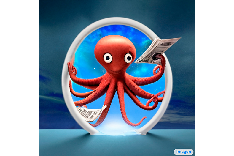 An alien octopus floats through a portal reading a newspaper | Image: Google 