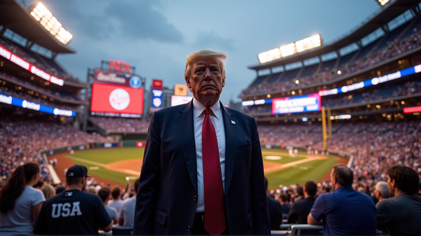 ヤンキースタジアムで愛国的な歓声が巻き起こる：トランプ到着